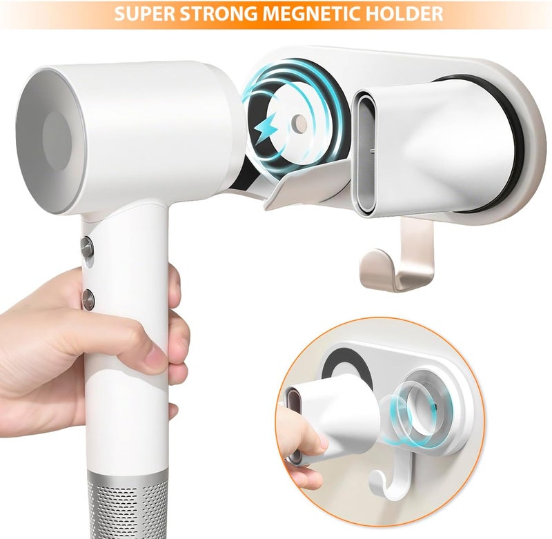 SEICHYGO Hair Dryer Holder Wall Mount Compatible with Dyson & Laifen (NOT for SE LITE), Adhesive Holder for All Magnetic High Speed Blow Dryer with Plug Cord Organizer Hook, (Aluminum Alloy, White) - Image 4
